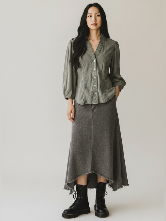 White House Black Market Tops - White House Black Market Olive Green Snap Front Puff Sleeve Shirt